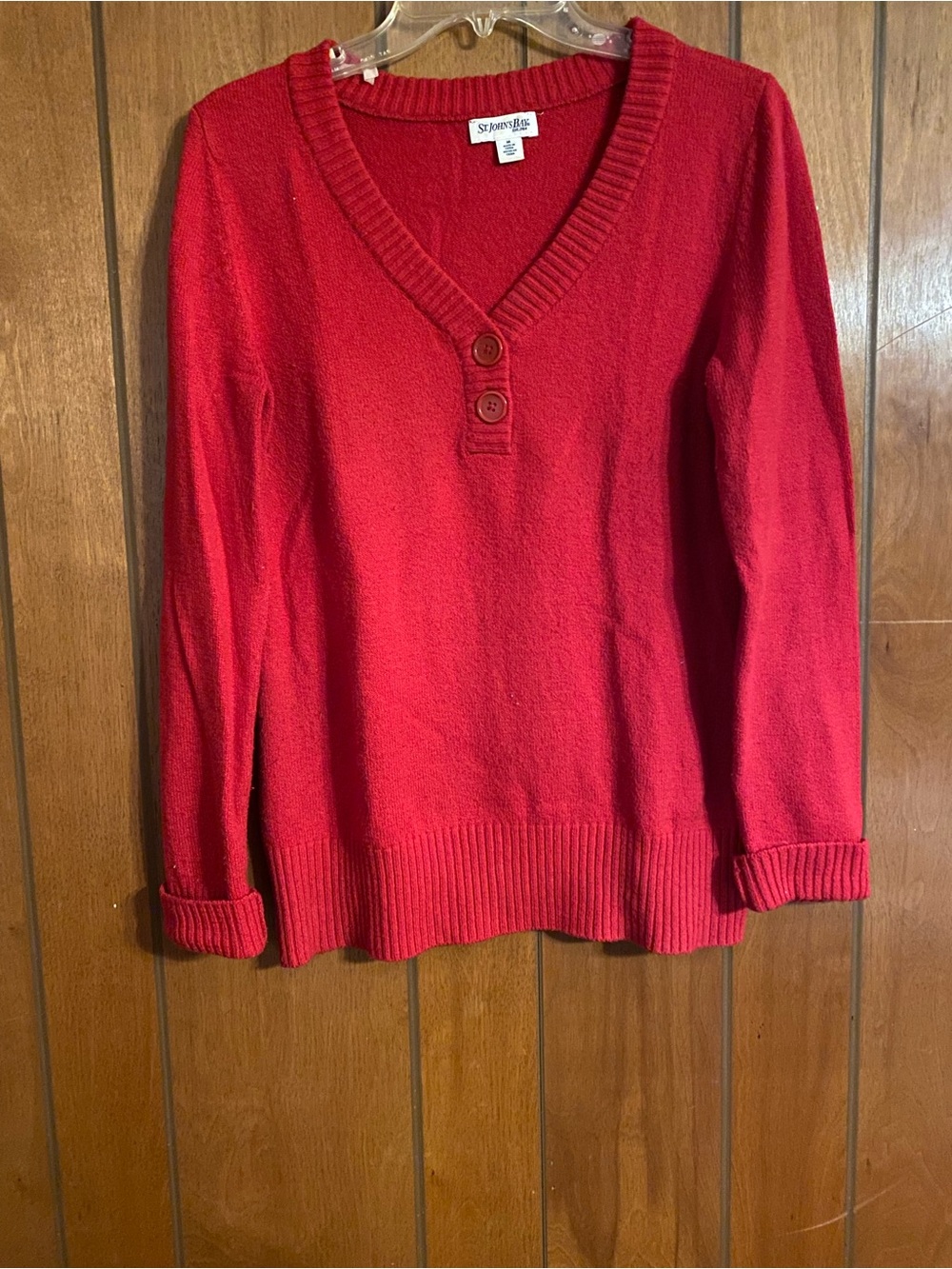 St. John's Bay Women's Bright Red V-Neck Two-Button Pullover Sweater Size M